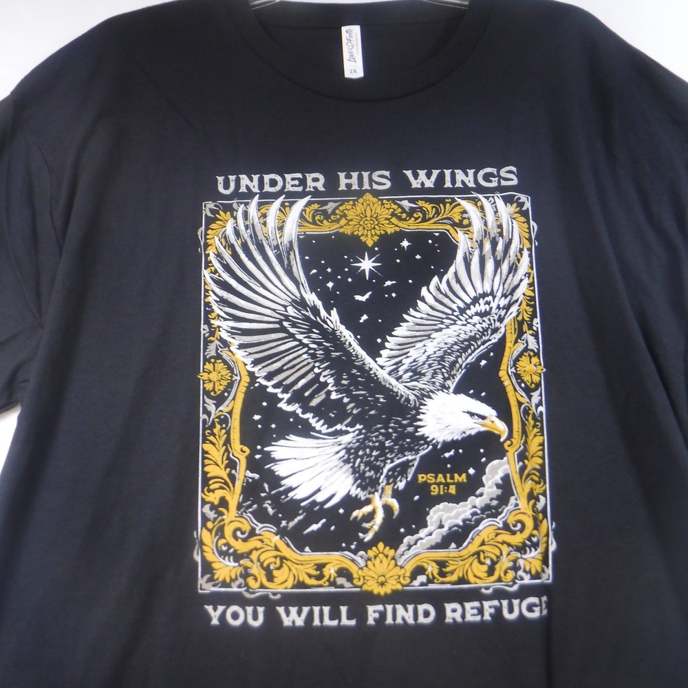 Love In Faith Under His Wings Eagle Adult Black Graphic Tee Shirt 2X‎ Psalm 91:4